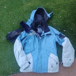 Ski Jacket Women's Small Spyder worn 2x w faux fur headband and Thermador gloves